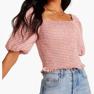 BB Dakota Pink Checkered Smocked Blouse